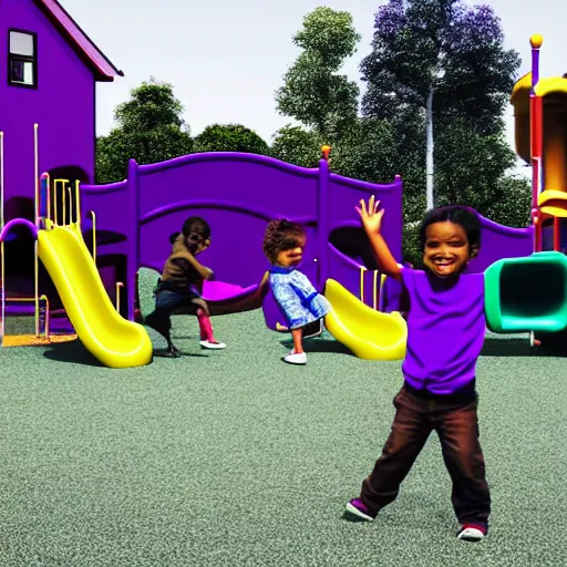 Image similar to cartoon of children playing in the playground and a man with purple clothes standing behind them