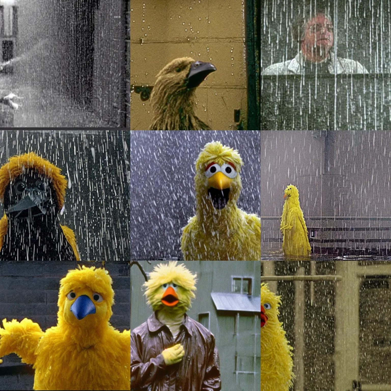 Prompt: a still of big bird in the shawshank redemption, soaking wet in the rain