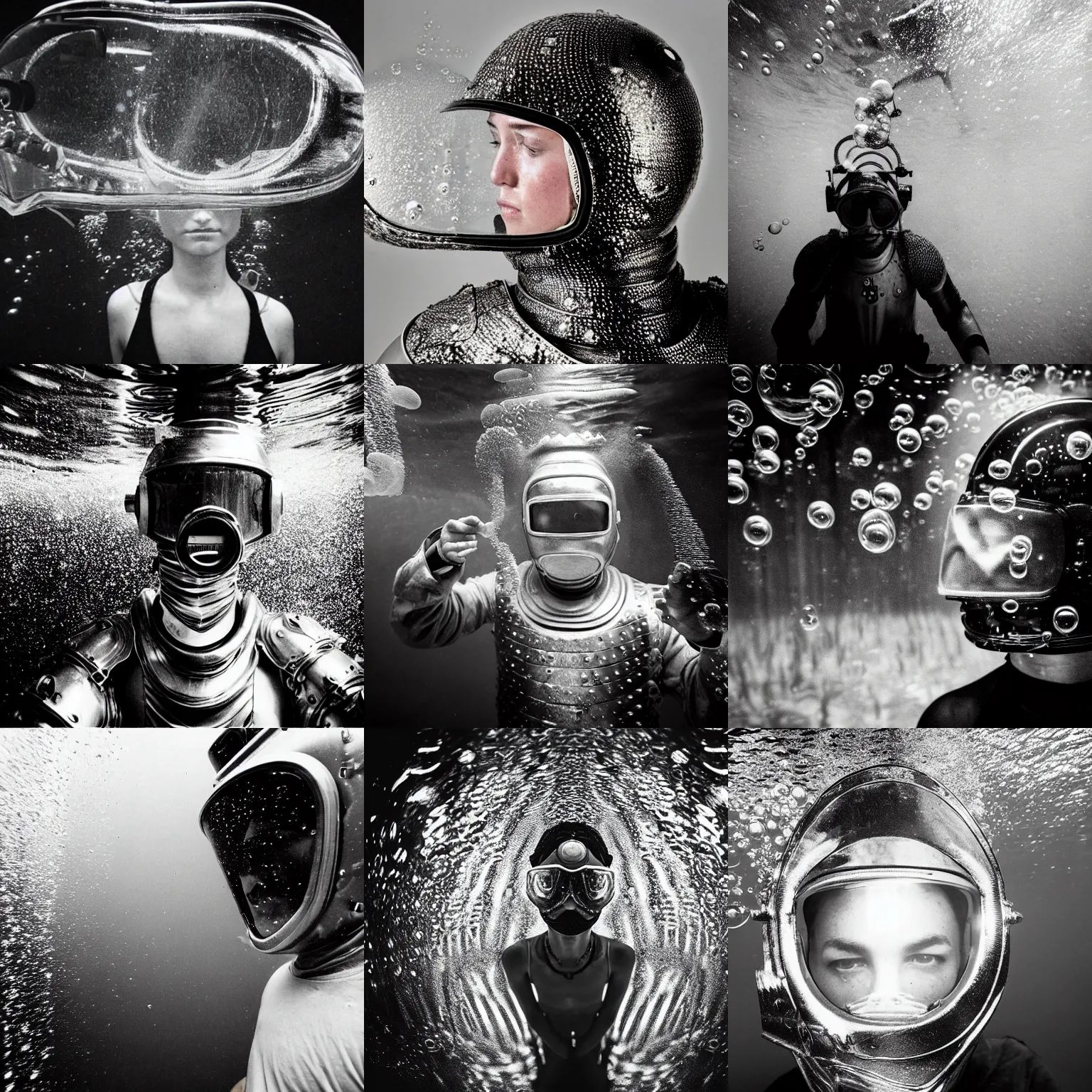 Prompt: Underwater photo of a stylish person in metal armor by Trent Parke, staring at a camera through a visor, close up, huge bubbles, metallic patterns, clean, detailed