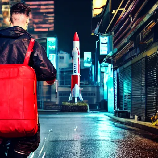 Prompt: food delivery driver with red backpack and futuristic rocket bike working in a rainy night in a cyberpunk city in cyberpunk style