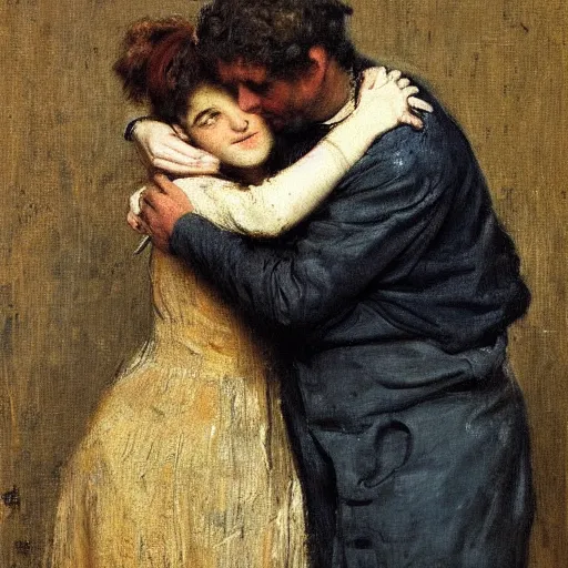 Prompt: worker and actress hugging by alfred stevens