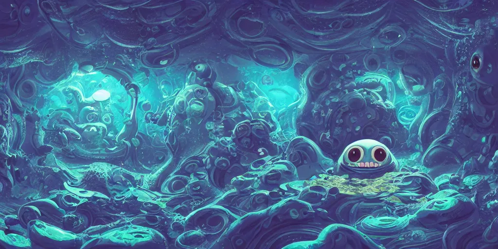 Image similar to of an intricate deep sea with strange cute friendly happy creatures with huge eyes, mouth, long tongue, round teeth and goofy face, appearing from the background, in the style of gehry and gaudi, macro lens, shallow depth of field, ultra detailed, digital painting, trending artstation, concept art, illustration, cinematic lighting, photorealism, epic, octane render