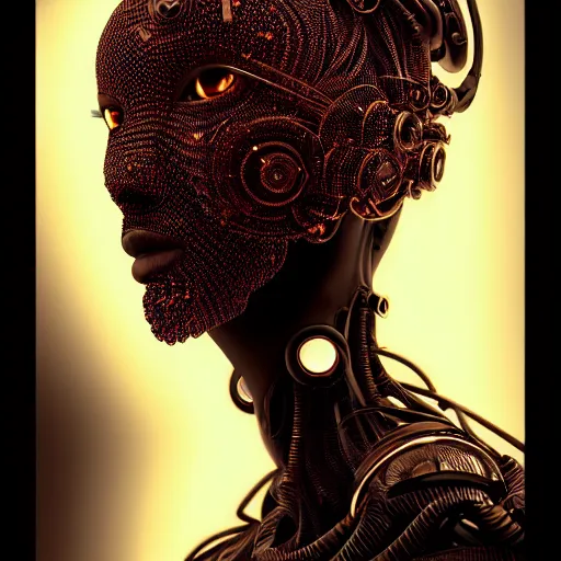 Prompt: portrait of an absurdly beautiful, graceful, sophisticated, fashionable black cyberpunk mechanoid gravure idol, hyperdetailed illustration by irakli nadar, matt wisniewski style, intricate linework, dark black porcelain skin, jellyfish headdress, brown eyes, unreal engine 5 highly rendered, red light, detailed and intricate environment