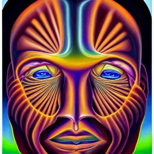 Image similar to enlightened biomechanical a. i, oil painting by alex grey