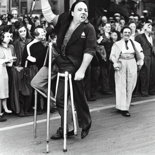 Prompt: danny devito walking with stilts during the great parade festival circa 1 9 3 9