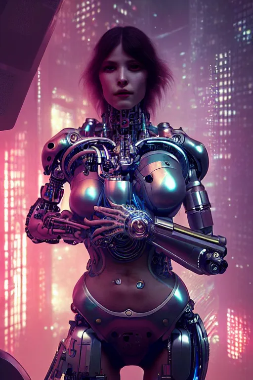 Image similar to ultra realistic, beautiful female cyborg in a crowded smoky cyberpunk club in space megalopolis, sci - fi, intricate details, eerie, highly detailed, octane render, 8 k, art by artgerm and alphonse mucha and greg rutkowski