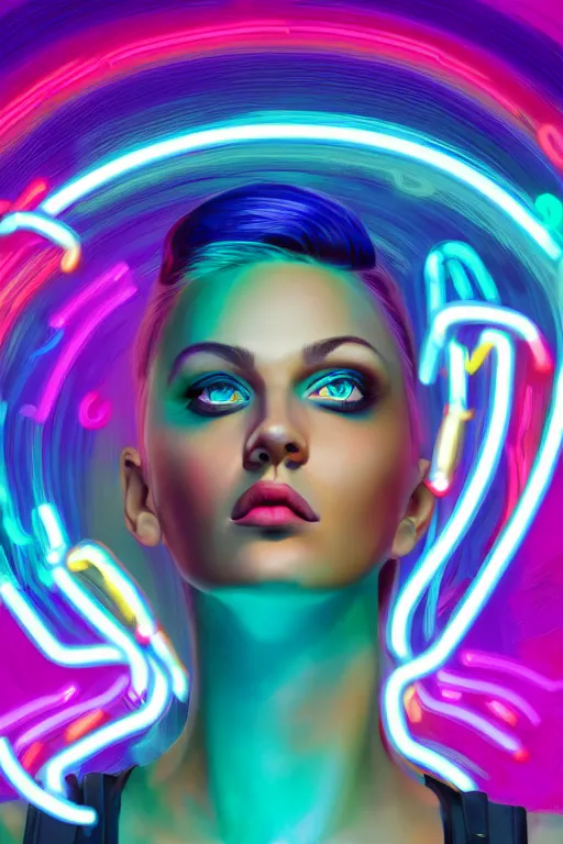 Image similar to a award winning half body portrait of a beautiful woman with stunning eyes in a croptop and cargo pants with rainbow colored ombre hairstyle head in motion and hair flying by thomas danthony, outlined by whirling illuminated neon lines, outrun, vaporware, shaded flat illustration, digital art, trending on artstation, highly detailed, fine detail, intricate