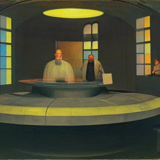 Image similar to scientists testing an experimental quantum plasma reactor in a dome - shaped control center, grant wood, pj crook, edward hopper, oil on canvas