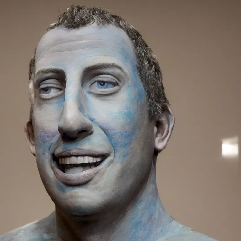 Image similar to beautiful studio photograph of colorful postmodern portrait sculpture of adam sandler smiling, beautiful symmetrical face accurate face detailed face realistic proportions, made of watercolor - painted plaster on a pedestal by ron mueck and matthew barney and greg rutkowski, hysterical realism intense cinematic lighting shocking detail 8 k