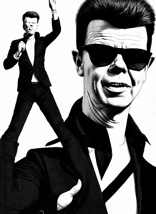 Prompt: rick astley in never gonna give you up, extremely detailed, bold line art, by vincent di fate and joe fenton and artgerm, inking, etching, screen print, masterpiece, trending on artstation, sharp, high contrast, hyper realistic, hd, 4 k, 8 k