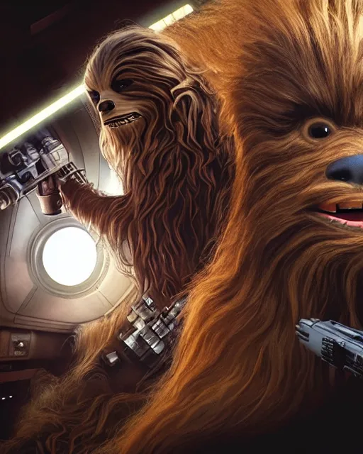 Image similar to portrait of han solo and chewbacca on the millennium falcon, harrison ford,, star wars, gta v, hyper realistic, ambient lighting, concept art, intricate, hyper detailed, smooth, action, volumetric lighting, george lucas, arney fretag, ralph mcquarrie, octane