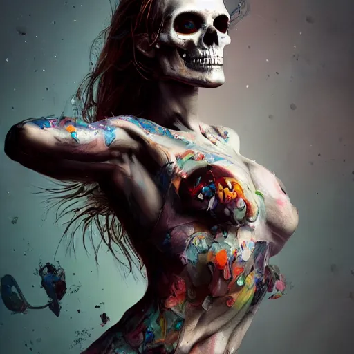 Image similar to full body pose, hyperrealistic mixed media painting of beautiful skull woman, dim volumetric lighting, 8 k, octane beautifully detailed render, extremely hyper detailed, intricate, epic composition, cinematic lighting, masterpiece, trending on artstation, very very detailed, masterpiece, stunning, hdr, smooth, sharp focus, high resolution, award, winning photo, dslr, 5 0 mm