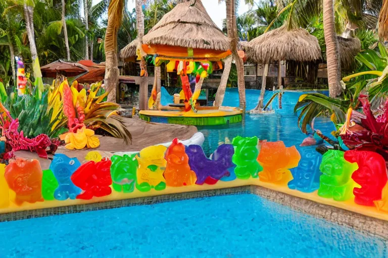 Prompt: poolside Tiki bar made of gummy candy, vacation photo, 55mm