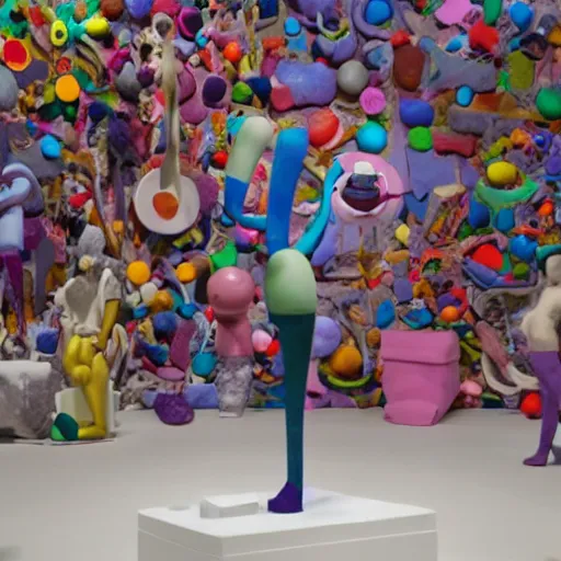 Image similar to a claymation film still of a contemporary sculpture / collection / contemporary art / gallery / museum / claymation by jeff koons and bruce bickford