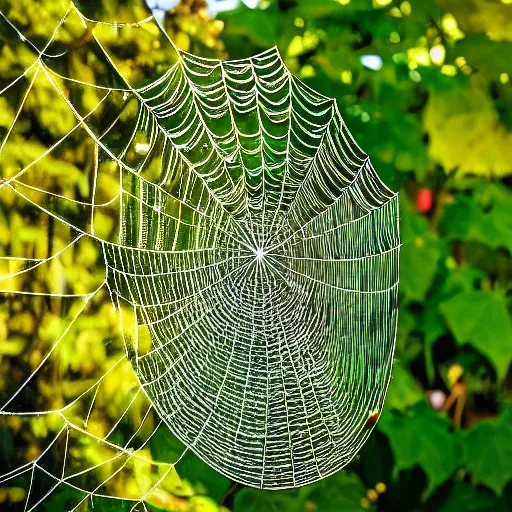 Prompt: A spiderweb in a greenhouse with pumpkin vines growing through it, Photography