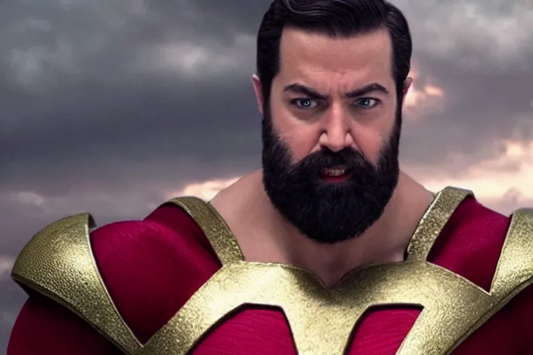 Prompt: bearded david sandberg as shazam from shazam ( 2 0 1 9 ), cinematography