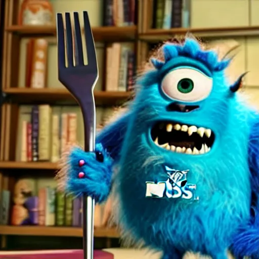 Prompt: A metal fork as a monster in Monsters University