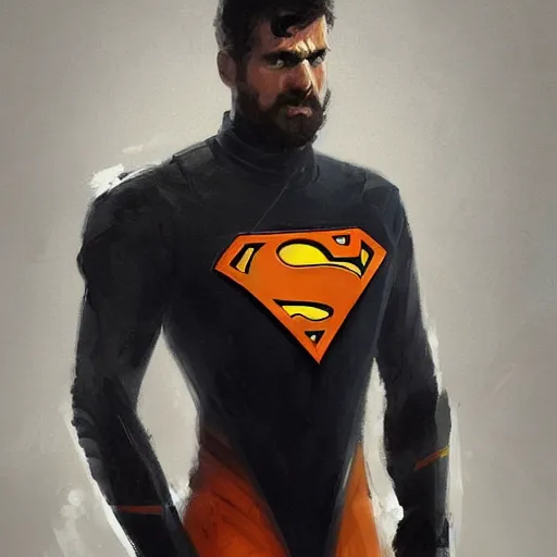 Image similar to portrait of a superhero by greg rutkowski, he looks like joseph quinn, he is wearing a black, orange and yellow kevlar gear, highly detailed portrait, digital painting, artstation, concept art, smooth, sharp foccus ilustration, artstation hq