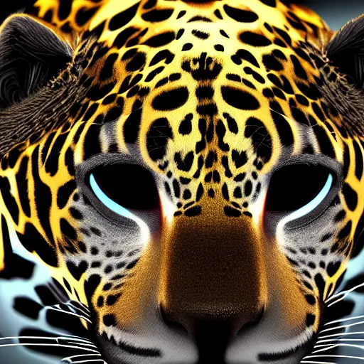 Prompt: metallic jaguar with glowing blue eyes, octane render