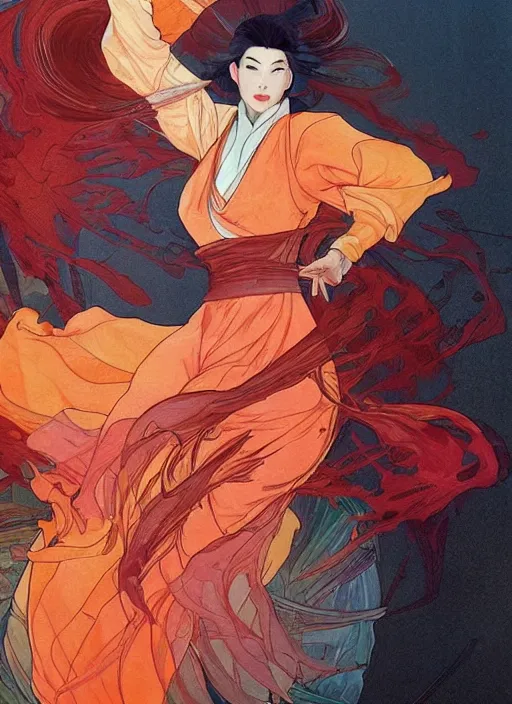 Image similar to mulan, orange spike aura in motion, damaged japanese clothes, floating pieces, painted by art by tsuyoshi nagano, greg rutkowski, artgerm, alphonse mucha, spike painting