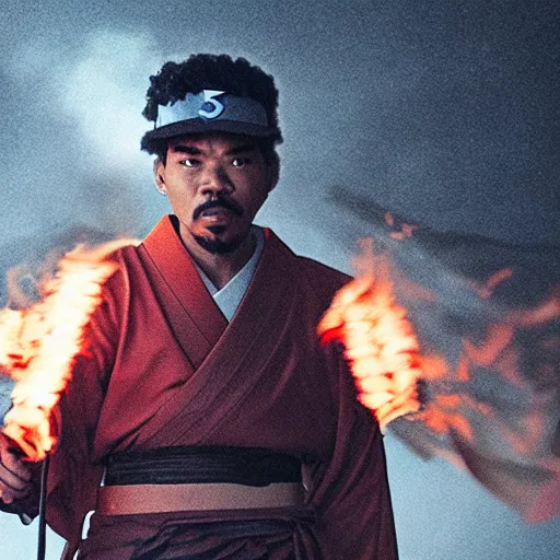 Image similar to cinematic film still of Chance The Rapper starring as a Samurai holding fire, Japanese CGI, VFX, 2022, 40mm lens, shallow depth of field, film photography