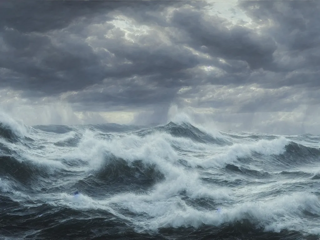 Image similar to a cinematic view of a stormy sea with cthulhu rising. art by william trost richards and donato giancola, hyperrealism, artstation