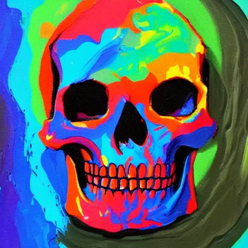 Prompt: a skull melting in to a colorful painting made of gouache impasto