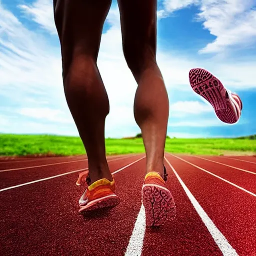 Image similar to camera looking down, barefoot running shoes on running track, advertisement