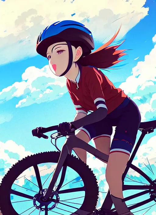 Prompt: portrait of girl riding electric mountain bike, sunny sky background, downhill landscape, illustration concept art anime key visual trending pixiv fanbox by wlop and greg rutkowski and makoto shinkai and studio ghibli and kyoto animation, symmetrical facial features, sports clothing, mountain bike helmet, volumetric lighting