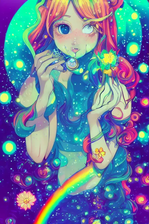 Image similar to psychedelic, whimsical, anime, 4k, beautiful intimate woman blowing smoke, with professional makeup, long trippy hair, a crystal and flower dress, sitting in a reflective pool, surrounded by gems, underneath the stars, rainbow fireflies, trending on patreon, deviantart, twitter, artstation, volumetric lighting, heavy contrast, art style of Ross Tran and Ilya Kuvshinov