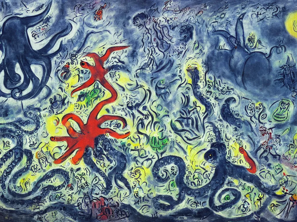 Image similar to giant octopus attacking London, painting by chagall, 4k