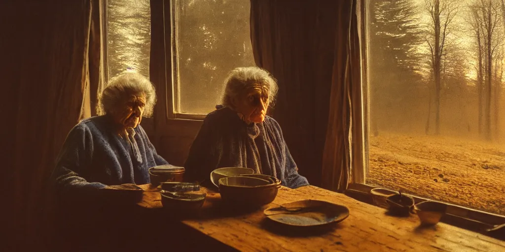 Image similar to portrait bust of old woman sitting at table, hands in pockets, looking outside, tired expression, faded color film, russian cinema, tarkovsky, technicolor, inside old cabin, next to window, heavy forest outside, long brown hair, old clothing, heavy fog, brown color palette, sunset, low light, hudson river school, 4 k, dramatic lighting