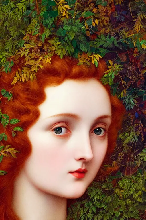 Prompt: masterpiece beautiful seductive flowing curves preraphaelite face portrait of lily cole amongst leaves, extreme close up shot, branching abstract decorate structural circle, halo, amongst foliage, gold gilded circle halo, kilian eng and frederic leighton and rosetti, 4 k
