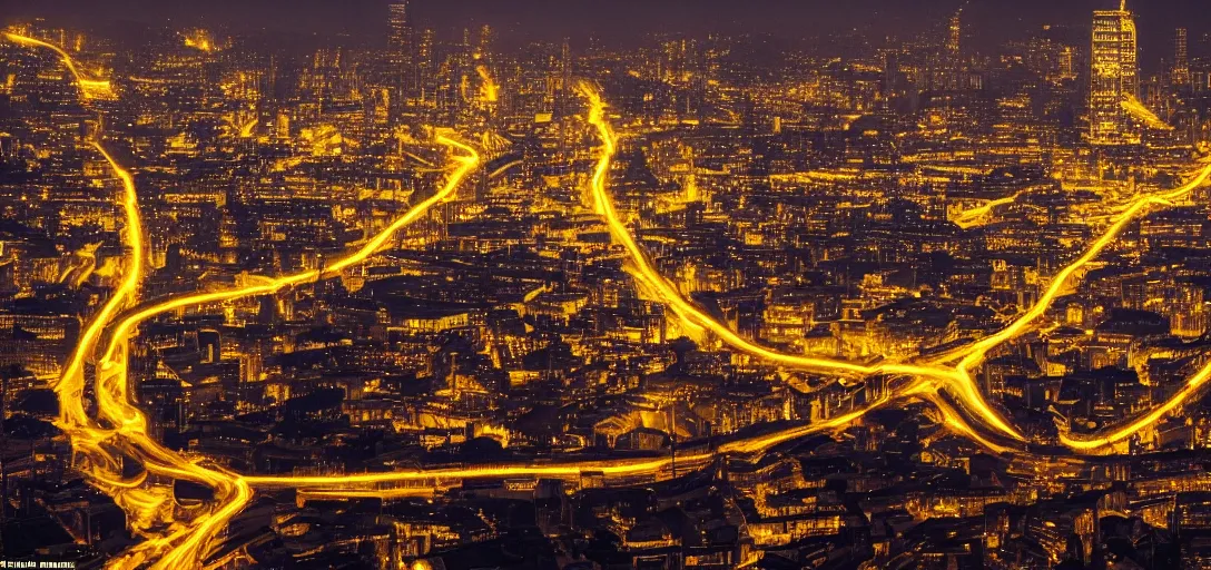 Image similar to a glowing golden road winding through a city of towering synthesiser buildings, lit from below, dark city, coloured glow