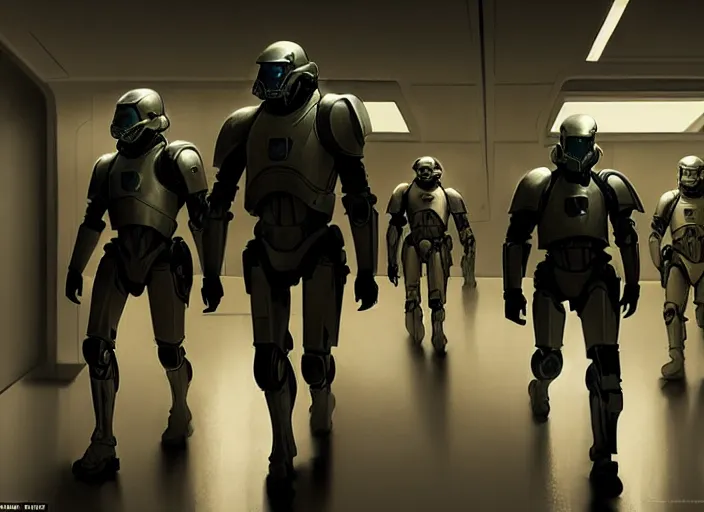 Prompt: hyper realistic sci - fi matte concept art painting of two armored cyborg soldiers walking cautiously down a starship's hallway, low angle, brightly lit, beautiful details, strong composition painted by kim jung guweta studio rutkowski, james gurney and greg rutkowski, and lucasfilm, smooth, intricate, detailed, sharp focus, cinematic