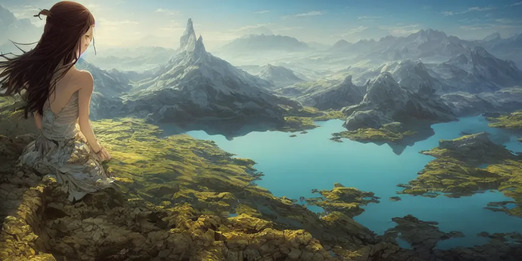 Image similar to fantasy world, in the middle is a huge lake with a little plain around it, behind it are mountains and rivers, art by artgerm and greg rutkowski, ilya kuvshinov, yoji shinkawa, intricate, elegant, sharp focus, illustration, highly detailed, concept art, matte, trending on artstation, anime, beautiful sunlight and shadows