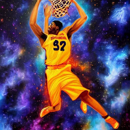 Image similar to an expressive oil painting of a basketball player dunking, depicted as an explosion of a nebula