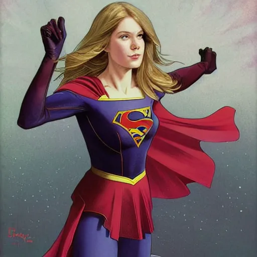 Image similar to Erin Moriarty as SuperGirl, highly detailed, digital painting, artstation, concept art, smooth, sharp focus, illustration, ArtStation, art by artgerm and greg rutkowski and alphonse mucha and J. C. Leyendecker and Edmund Blair Leighton and Katsuhiro Otomo and Geof Darrow and Phil hale and Ashley wood and Ilya repin and Charlie Bowater