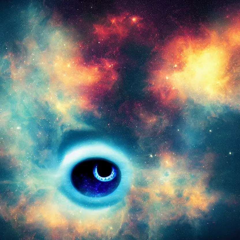 Image similar to blue evil eye floating in front of a nebula, digital art inspired by mikko lagerstedt, gilbert williams