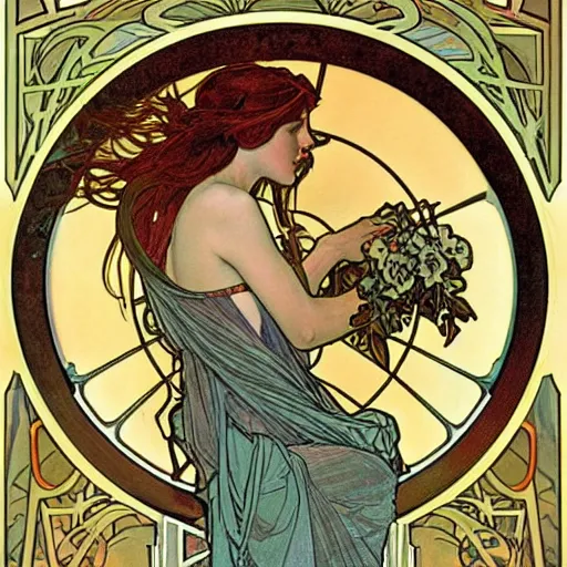 Image similar to persephone as godess of death, painted by alphonse mucha