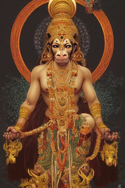 Image similar to a full body portrait of a beautiful ornated hanuman god, meditative sacral pose, hindu stages of meditation, intricate, elegant, highly detailed, line art!!!!, artstation, concept art, smooth, sharp focus, illustration, art by krenz cushart and artem demura and alphonse mucha