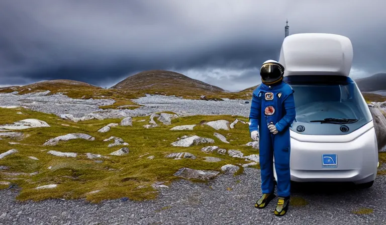 Image similar to tourist astronaut wearing futuristic space suit, standing in the Isle of Harris, Scotland, a futuristic silver campervan in the background, wide angle lens, photorealistic