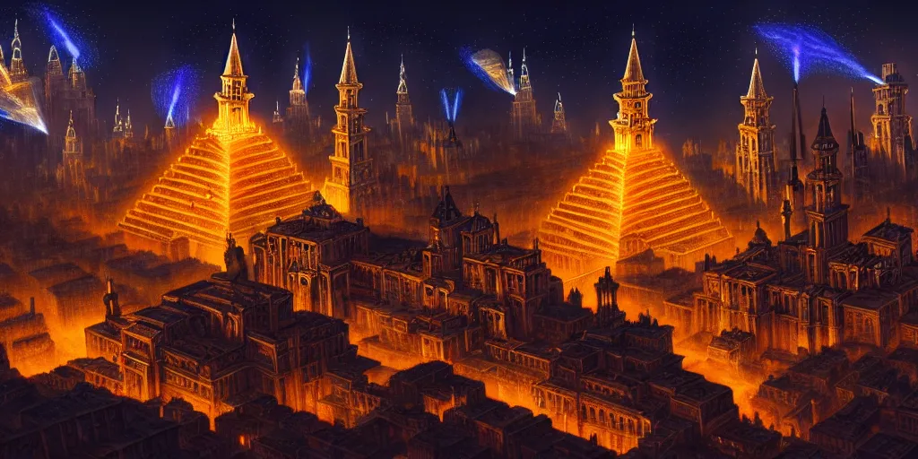 Image similar to magical city of the Great Tartarian Empire adorned with amazing lost technology, lighting resembling fireflies, spires from rooftops collecting and distributing etheric energy, the centerpiece of the city is a colossal ancient pyramid made of metal, cityscape, combining intense detail & utmost quality, Christian Hecker, Artstation, - H 832