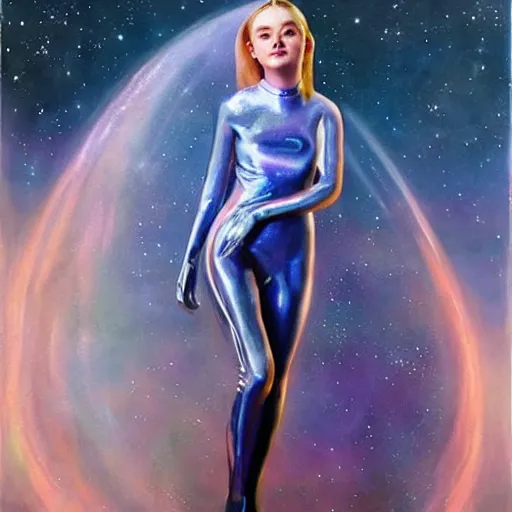 Prompt: a striking hyper real painting of Elle Fanning in space by John Sargent