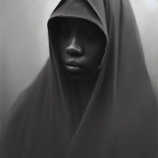 Image similar to a portrait of a young black woman wearing a long dark cloak, hood and shadows covering face, anatomically correct, beautiful perfect face, enigmatic, oil painting, matte painting, black background, Volumetric dynamic lighting, Highly Detailed, Cinematic Lighting, Unreal Engine, 8k, HD, by Beksinski