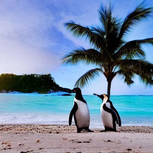 Image similar to photo of penguins on a tropical beach, palm trees, 50mm, beautiful photo