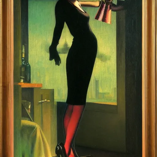 Prompt: oil painting of realistic woman, 1 9 3 0 s decopunk penthouse pleasure factory, rain and smoke, dramatic lighting, tech noir, wet skin, atmospheric, ambient, rupert everton, wlop, george tooker, gil elvgren, grant wood, alexis flower, hopper, mucha, whistler, norman rockwell, peter max, livia prima,