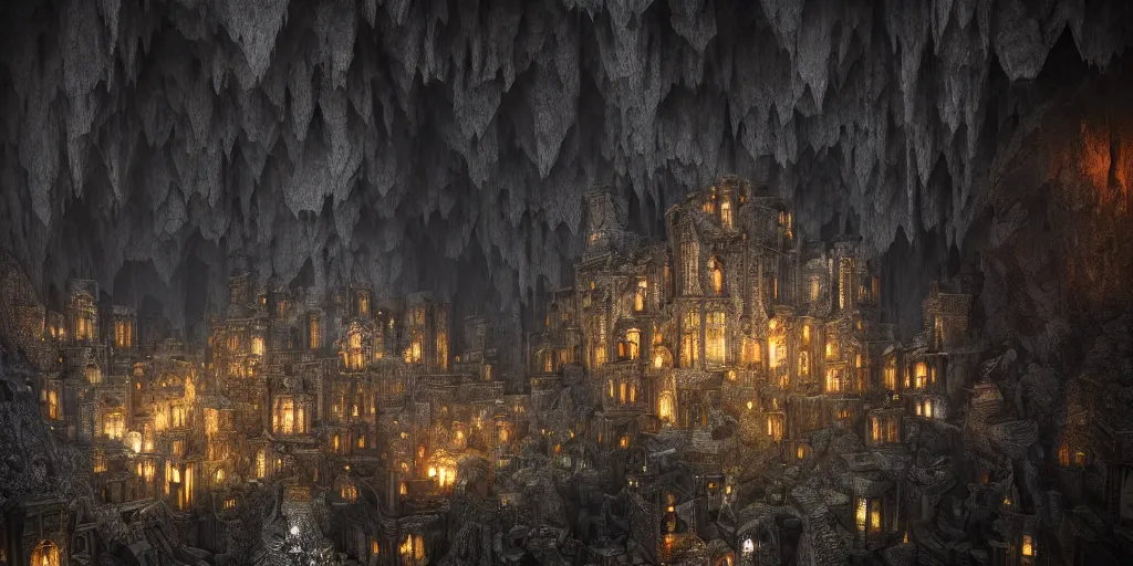 Image similar to A shining dwarven city made out of intricately carved stone in a dark cavern, rainy, dark and gloomy atmosphere, fantasy digital art, octane render, beautiful composition, trending on artstation, award-winning photograph, masterpiece