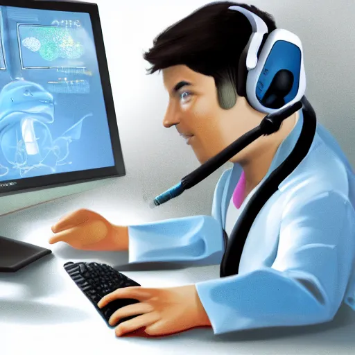 Image similar to An anthropomorphic grey dolphin in a white lab-coat playing games on a computer, digital painting, close-up, wearing a headset