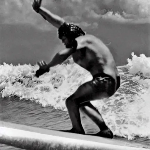 Image similar to mussolini surfing, 1 9 4 0 s photo, photorealistic, close up